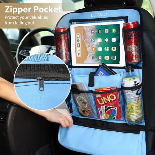 Image of LUCMO Car Backseat Organizer with Touch Screen Tablet Holder, Light Blue | 2 Pcs,9 Storage Pockets,Clear Tablet Holder,Protectors Kick Mats,Travel Accessories,Seat Cover,Road Trip Essentials