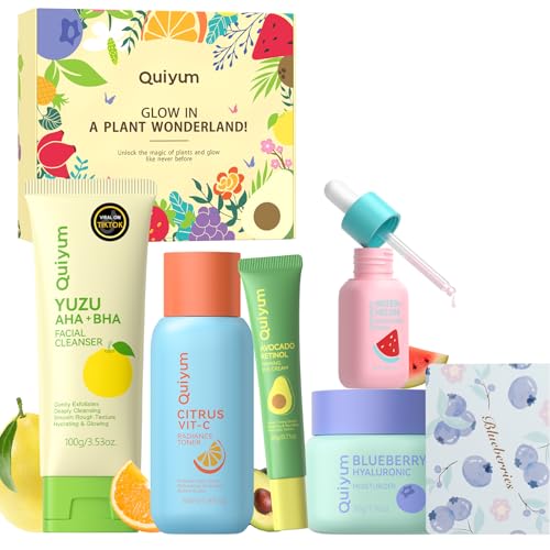 QUIYUM Obst Gesichtspflege Set, 5 teiliges Hautpflege Set für Damen, mit Reiniger, Serum, Augencreme und Feuchtigkeitscreme, geeignet für Frauen und Jugendliche