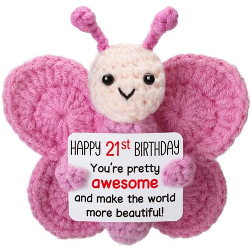 Weming Pink Crochet Butterfly 21st Birthday Gift for Her, Handmade 4' Amigurumi Plush with “Happy...