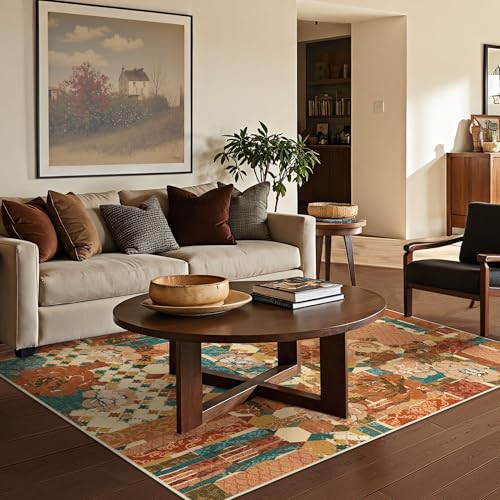 GENIMO 5X7 Floral Area Rugs for Living Room, Machine Washable Non Slip Vintage Patchwork Washable Rug, Ultra-Thin Low Pile Chenille Rugs for Bedroom, Dining Room, Rose Red