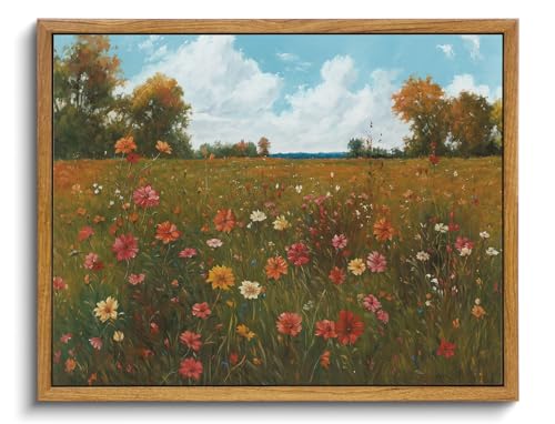 Image of KISSFOX Vintage Landscape Framed Wall Art Autumn Farmhouse Wildflower Field Canvas Art Natural Fall Countryside Paintings Artwork Rustic Art Prints For Bedroom Bathroom Living Room