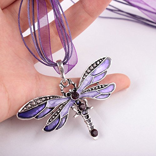 AKOAK Fashion Creative Bohemian Jewelry Ethnic Multi-layer Chain Colorful Enamel Dragonfly Pendant Necklace（Purple）3