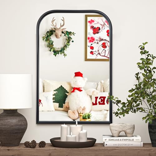 Image of 24 inchx36 inch Arch Wall Mirror Bathroom Mirror for Wall Mounted, Tempered Glass, Wood Grain Finish Frame Wall Mirror Decorative for Living Room Bedroom Entryway, Black