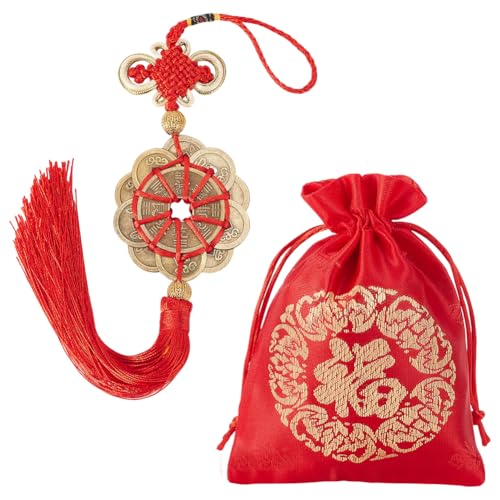 AHANDMAKER 1 lot de pièces Feng Shui avec nœud de richesse chinois rouge, cinq pièces d'empereur, pièces de monnaie pour chambre à coucher, voiture,...