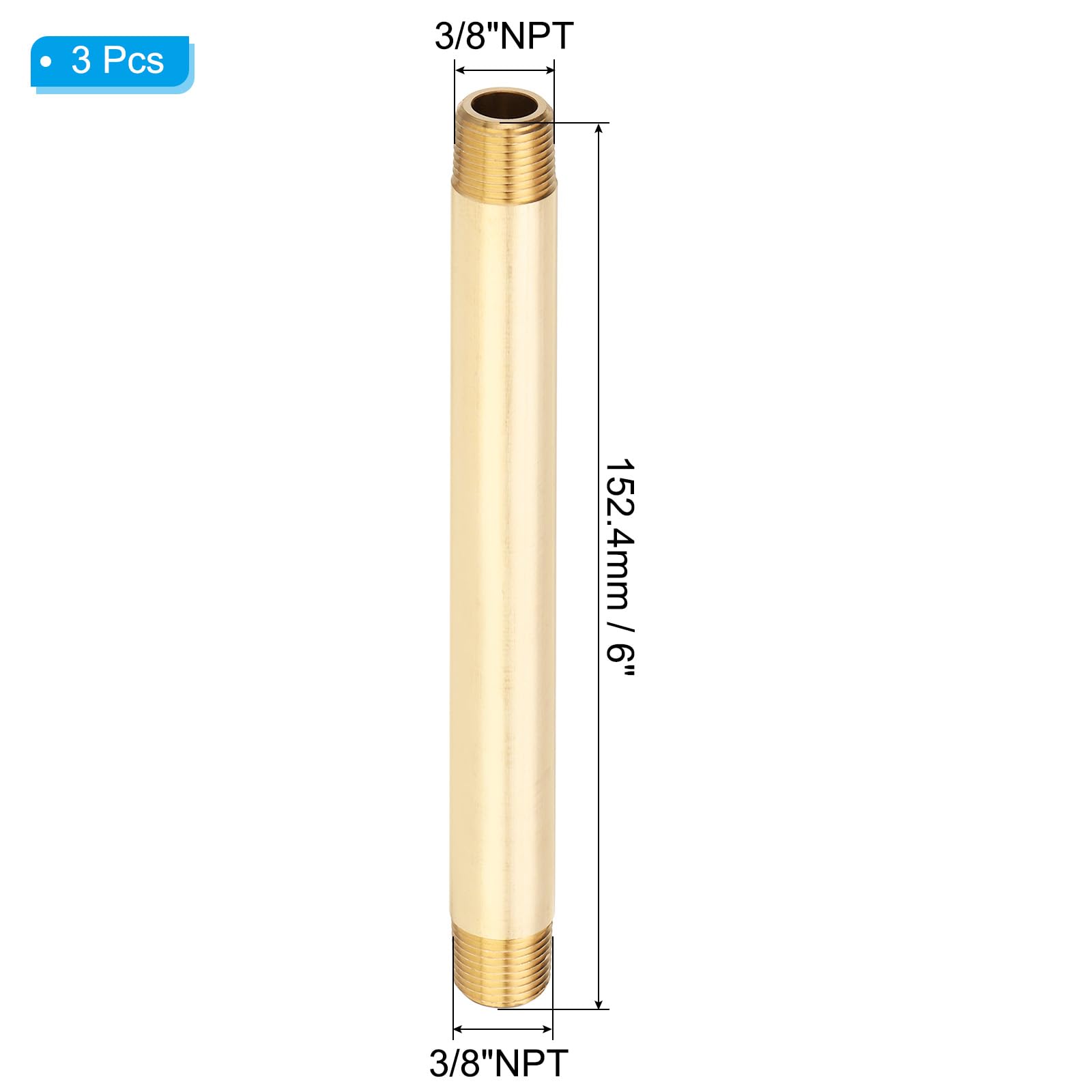 PATIKIL 3Pcs 6" Long 3/8" x 3/8" NPT Male Raccords De Tuyau En Laiton Long Nipple, Ton Laiton