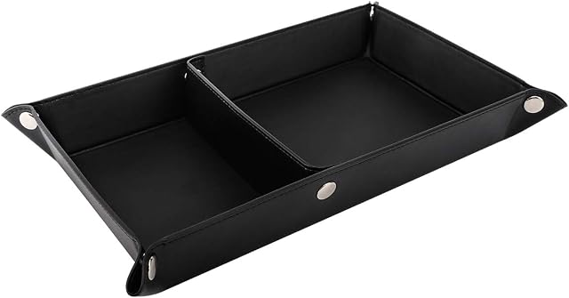 Luxspire Valet Tray Dice Tray, 2 Compartment PU Leather Dices Rolling Holder Tray, Folding Snap Storage Box Trinket Catchall Tray Desk Storage Plate for Key Coin Jewelry Wallet Tidy Tray, Black