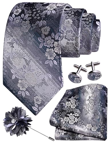 Image of GUSLESON 3.15 inch(8cm) Mens Floral Tie and Lapel Pin Necktie Hankerchief Cufflinks Set for Men