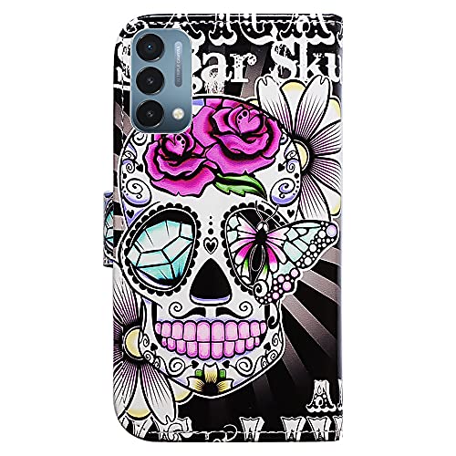 Image of Bcov Case for OnePlus Nord N200 5G, Purple Flower Sugar Skull Leather Flip Phone Case Wallet Cover with Card Slot Holder Kickstand for OnePlus Nord N200 5G