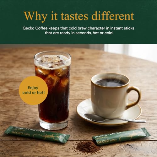 Image of Gecko Coffee Instant Cold Brew, 100% Arabica Medium-Dark Roast, Craft Coffee Single Packets, Sugar-Free, Smooth & Rich Iced, Hot or Cold, Eco-Friendly, Espresso Cold Brew, Coffee Sticks (25 Count)