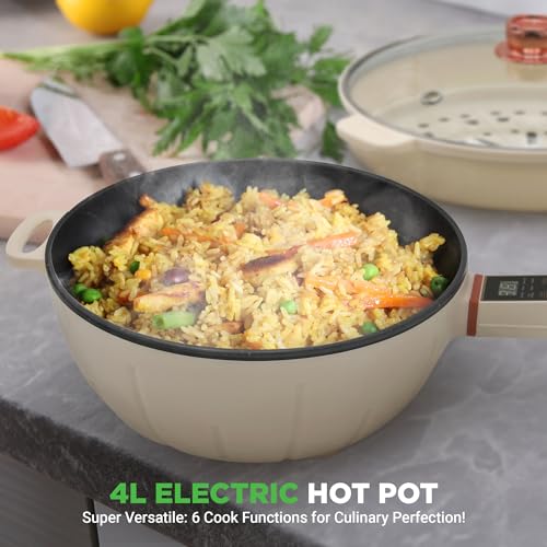 Nutrichef 4L Electric Frying Pan & 4L Steamer | Multifunctional Portable 1000W Non-Stick Pot for Cooking | Durable Heat Safe Handle | Touch Control Panel | Electric Hot Pot | White