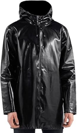 Mens PVC Leather Light Weighted Raincoat Black Stylish Coat for Rain with Hooded