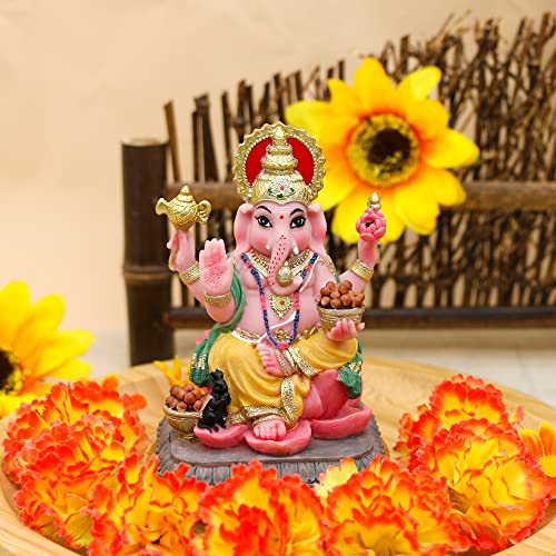Alikiki Indian God Lord Ganesha Statue - 4.1”H Multicolor Hindu Idol Ganesh Figurine India Home Office Mandir Temple Altar Pooja Item Diwali Puja Gifts #TOP1