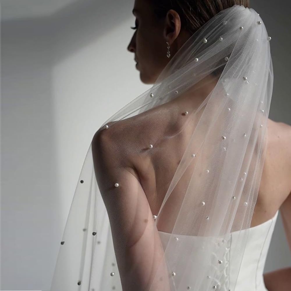Velo nupcial de novia con perlas de 1 nivel con peine de metal para mujer