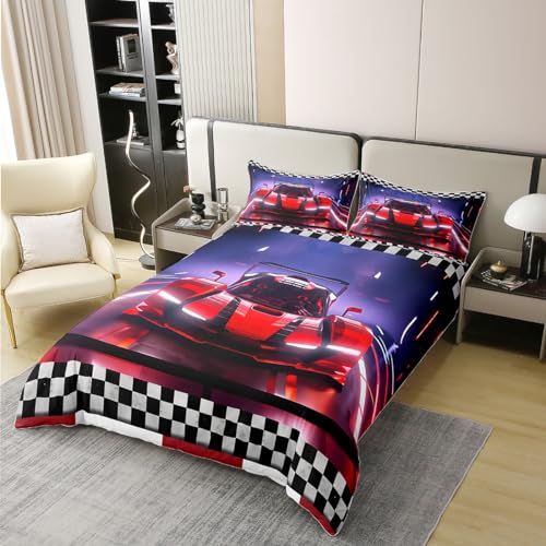 Homemissing Race Car 100% Cotton Duvet Cover Cool Speed Racing Car Bedding Set for Kids Boys Girls Home Decor Automobile Extreme Sport Comforter Cover Set Black White Grid Quilt Cover Single - Image 3