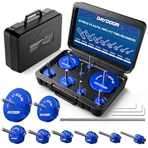 DAYDOOR PVC Pipe Reamer Kit, PVC Fitting Saver Contains 1/2”, 3/4”, 1”, 1 1/4”, 1 1/2”, 2”, 3”, 4”, Fit into Standard 1/2″ Drill, for Use with Sch. 40 PVC, CPVC or ABS Fittings-8PCS