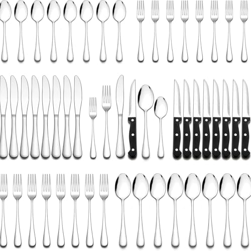 Juego cubiertos acero inoxidable 48piezas con cuchillo carne juegocubiertos 8 personas cuchillo tenedor cuchara familia/fiesta/hotel cubiertos elegantealtamente pulido apto lavavajillas