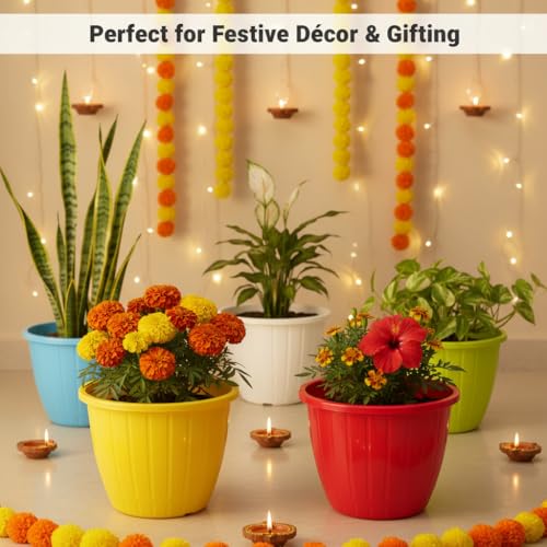 Image of Go Hooked Sunshine Flower Pot /Planters for Home Decor, Plastic Pots for Gardening /Home, Flower Pots Indoor-Outdoor & Planter for Plants (Multicolor) (Pack of 2)