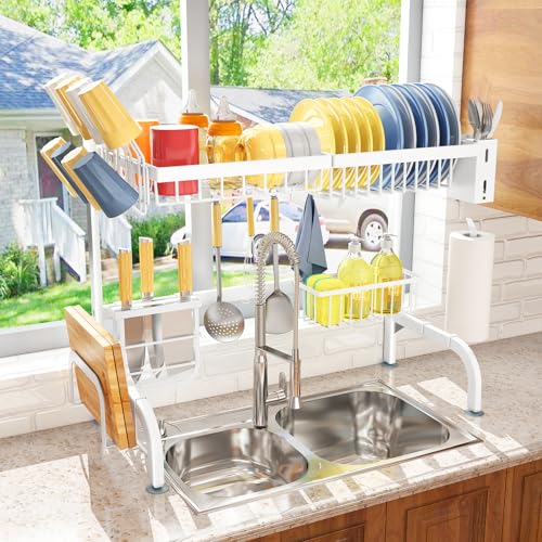 Image of Over The Sink Dish Drying Rack, Adjustable (25.5 to 33.5 Inch) 2 Tier for Kitchen Counter With Paper Towel and Cup Holder, Utensil and Chopping Board Holder, Sink Caddy Hooks, White