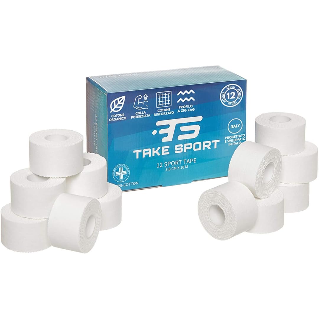TS TAKE SPORT, LEADER ITALIANO NEL SETTORE BENDAGGI! Tape sportivo, Tape dita crossfit, Nastro bendaggi sportivi. Sport tape, 12 rotoli cerotti sportivi 3,8 x 10m, 100% Cotone, Bordo Zig Zag