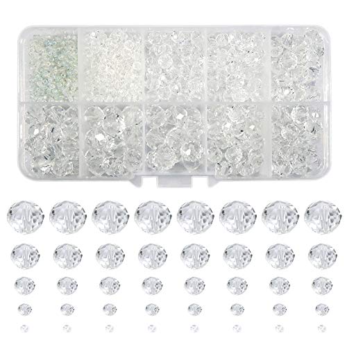 TOAOB 1000 Piezas Cuentas de Vidrio Abalorios Cristal Facetado Checas de 2 mm a 10 mm Redondas Blanco Transparent Cristal Abalorios para Manualidades Pulseras Accesorios y Collares Hacer Bisuteria