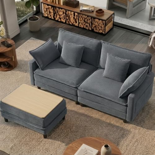 Image of 73.5 inch L-Shaped Cloud Sofa, Modular Sectional Couch with Ottoman Coffee Table, Corduroy Deep Seat Loveseat with Pillow, Comfy Modern Couch for Living Room Bedroom Apartment, Grey