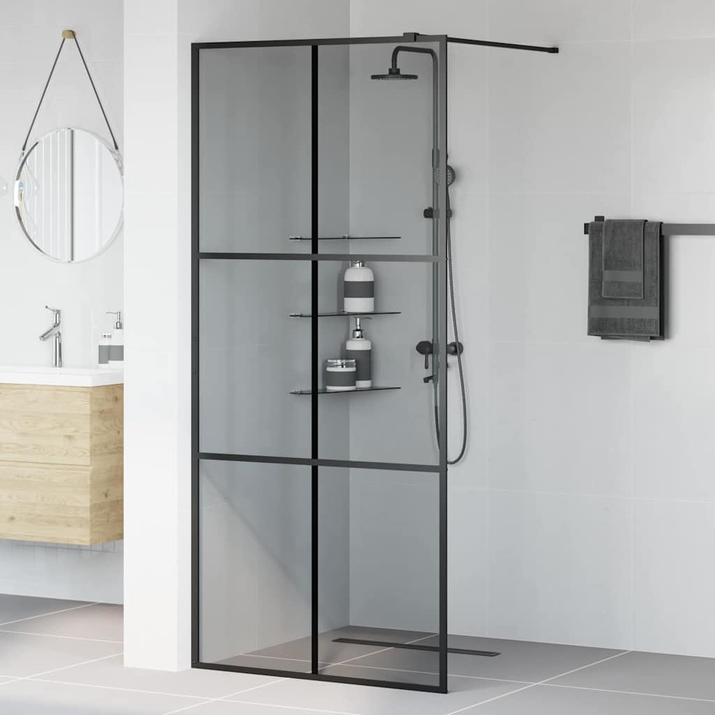 Ścianka prysznicowa Walk-in, czarna, 90 x 195 cm, hartowane szkło bezpieczne, ochrona przed pryskaniem, ścianka działowa, przezroczysta, nie zajmuje dużo miejsca, bez ramy, z regulowaną ramą