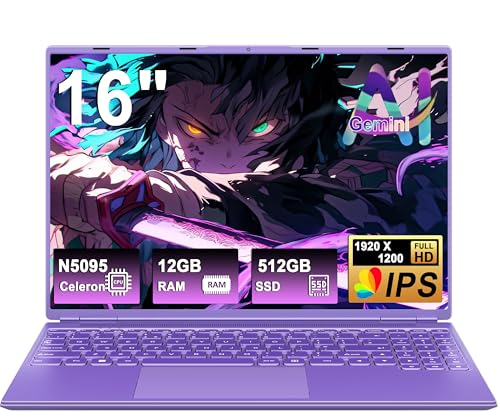 Gaming Laptop 16 Zoll Win11 12+512GB SSD Unterstützung 2TB(HDD-2TB) 1920x1200 Notebook 4-Core Celeron N5095 (bis 2.9GHz) Laptop mit Nummerntastatur WiFi Mini HDMI Deutscher Tastaturschutz-Lila