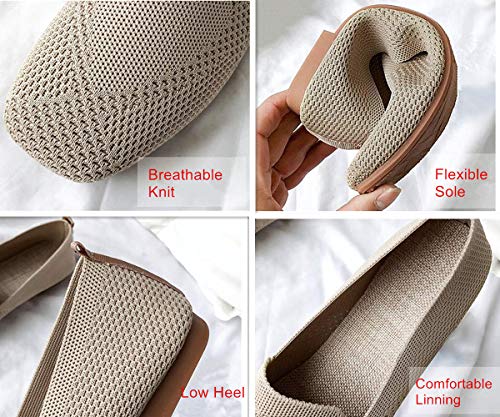 Image of RVROVIC Women Flat Shoes Knitted Lightweight Slip-on Loafers Breathable Soft Comfortable Ballet Flats(5,Pure-Beige)