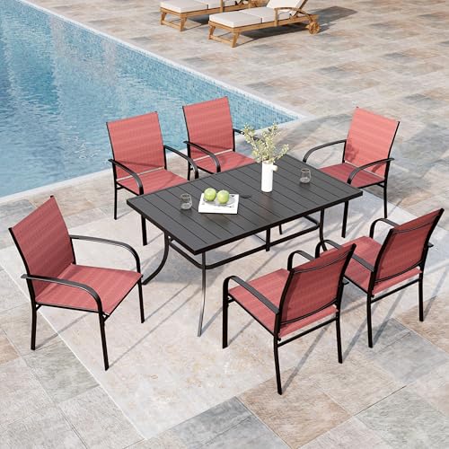 Image of MIXPATIO Patio Dining Set 7 Piece Outdoor Furniture Set with Metal Patio Dining Table with Umbrella Hole for Deck Garden Backyard Lawn, Red