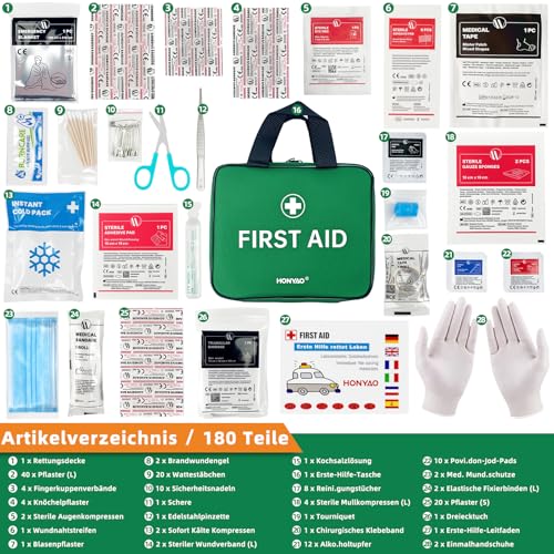 HONYAO Erste Hilfe Set 180 Teile, Erste Hilfe Kasten für Zuhause Kinder Outdoor Reise Camping Wandern Arbeitsplatz, Sport First Aid Kit, Grün