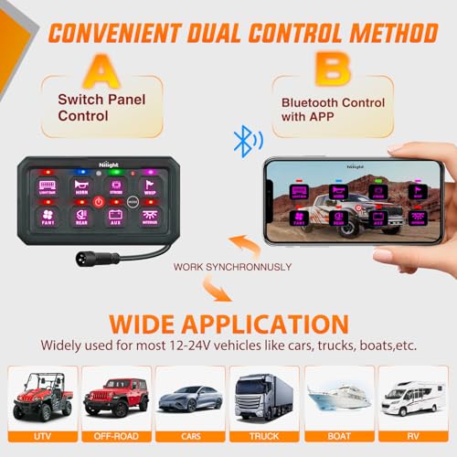 Image of Nilight 8 Gang Switch Panel APP RGB 12V 24V Circuit Control System 4-Mode | Fuse Wiring Harness APP Remote Control Automatic Dimmable Toggle /Momentary /Strobe /Flash for Car Pickup Truck Camper SUV