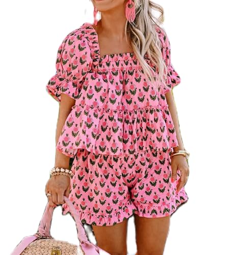 Image of ROAONOCOMO Women Floral Pajama Set Ruffle Puff Sleeve Peplum Shirt Coquette Pj Set Bow Babydoll 2 Piece Shorts Outfit