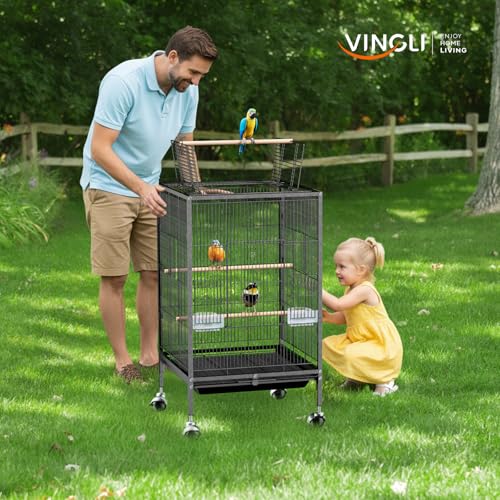 VINGLI 38-inch Bird Cage with Wheels, Durable Wrought Iron Parakeet Cage with Slide Out Tray, Black Bird Cages for Parakeets/Lovebird/Cockatiels/Budgies and Other Small/Medium Birds (Medium-38 inch) - Image 2