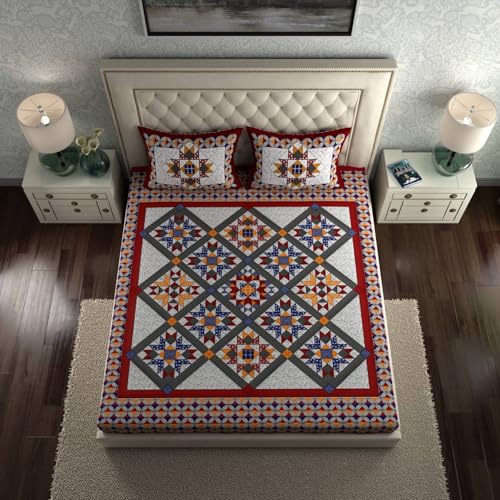 Image of KOUNDAL Rajasthani Jaipuri Sanganeri Print 144 TC 100% Pure Cotton BedSheet Set for Double Bed King Size,Geometric Pattern, Double Bedsheet Cotton with 2 Pillow Covers (Blue)