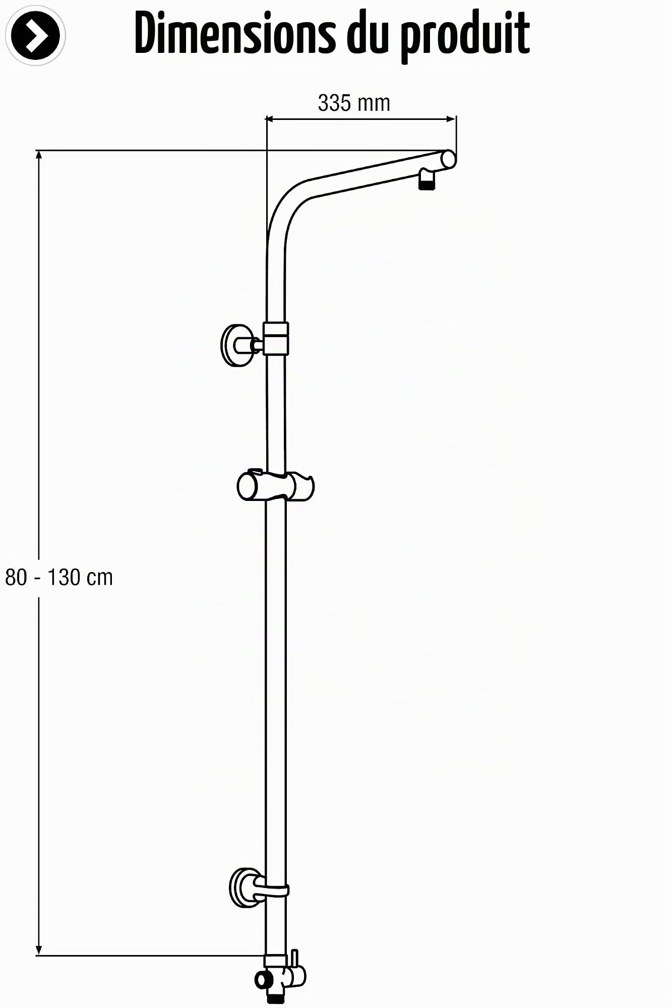 Cornat Tube montant « Square Vario » TECBW3411 - Réglable en hauteur - Forme carrée - Avec interrupteur et support de douchette - Fixations murales variables - Barre de douche pour pommeau de douche -