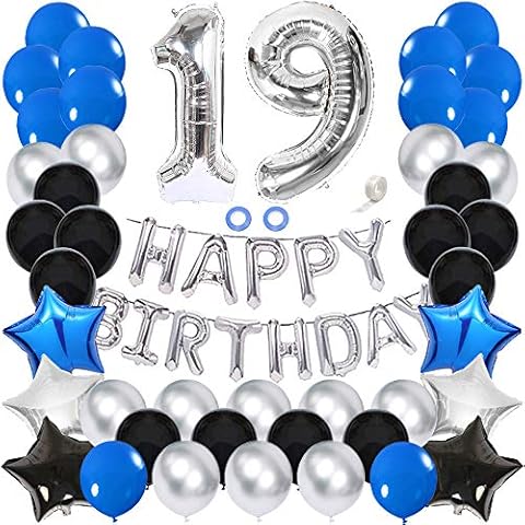 Ceqiny 19th Birthday Decoration Happy Birthday Banner Balloon Set Silver Number 19 Balloons Blue Latex Balloons Blue Black Silver Star Heart Foil Balloon 19 Birthday Party Supplies for Boys Girls Cover