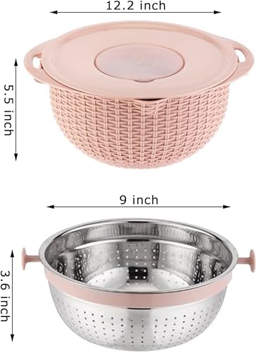 Miniatura 2 de Juego de tazones de colador giratorio de doble capa con rebanador, colador de acero inoxidable 4 en 1, cesta de lavado de plástico, cuenco para