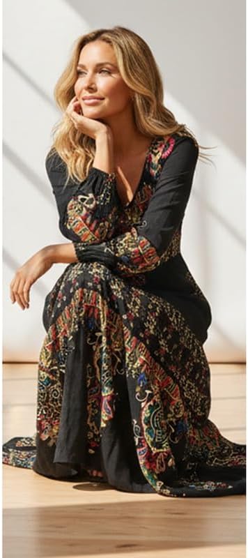 Womens Black Boho Paisley Maxi Dresses Long Sleeve Ethnic Scoop Neck Skirt Vintage Flowy Party Festival Spring Dress - Image 7