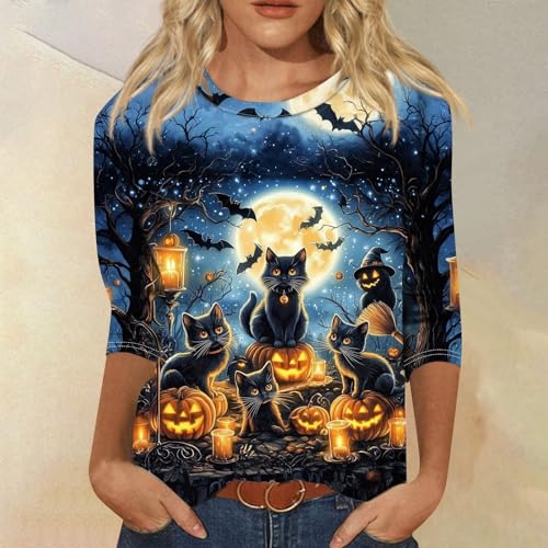 Cute Funny Halloween Shirts for Women Plus Size 3/4 Length Long Sleeve Womens Tops Witch Gothic Renaissance Shirt