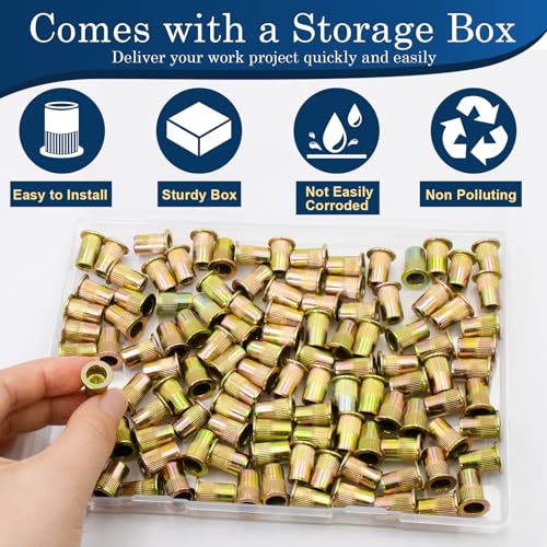 Image of 115Pcs M6 Rivet Nuts, Metric Zinc Plated Finish Carbon Steel Flat Head Threaded Insert Nutsert Kit