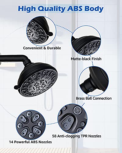 High Pressure Shower Head Vmasstone 4.7" Rain Fixed Showerhead 7-Spray Setting With Adjustable Brass Swivel Ball Joint - Excellent Replacement For Your Bath Shower Head (Fm-001 Matte Black) #TOP3