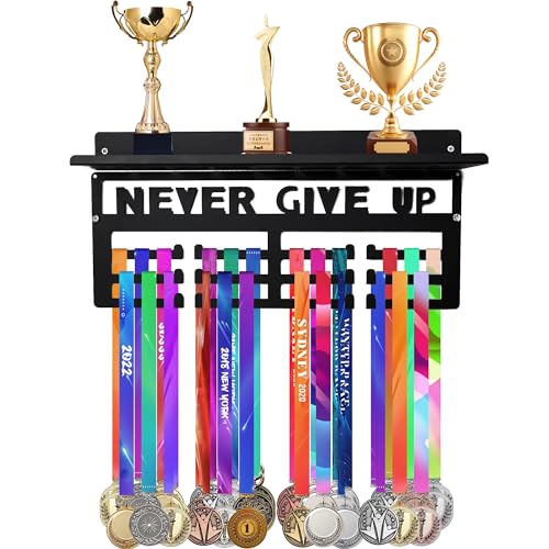 Defined Deco Medal Hanger Display and Trophy Shelf with Hooks, Metal Ribbon Display Holder, Never Give Up Award Rack for Gymnastics, Soccer, Running Race Medals