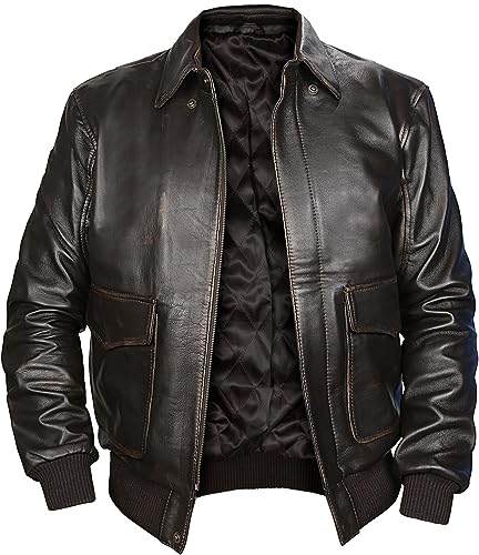 Image of Men's Brown Distressed Brown Leather Aviator Bomber Jacket - X-Large