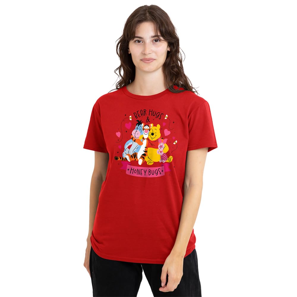 Disney Winnie The Pooh Bear Hugs Ladies T Shirt, Red, Medium