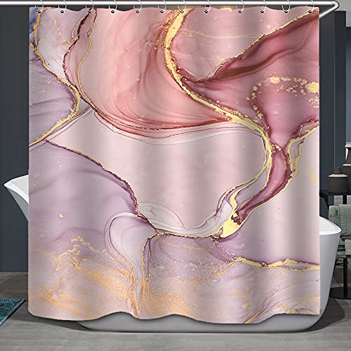 Tjz Home Marble Ink Texture Fabric Shower Curtains, Mixed Pink Purple White Gold Yellow Design Decorative For Bathroom, Polyester Cloth Print Bathroom Curtains Include Hooks Set 72〃W By 72〃L (S1214) #TOP20