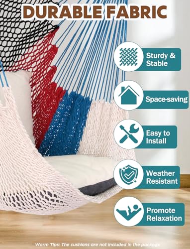 Image of Chihee Handwoven Hammock Chair 7.9ft Detachable Strong Metal Spreader Bar | Stretchy Cotton Blended Rope Large Hanging Chair Ventilated Mesh Swing Seat Color Blocking Portable Carry Bag Indoor Outdoor