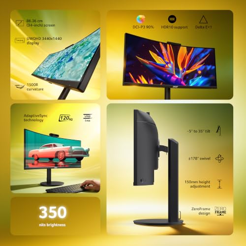 Image of Acer CB343CUR J0 34-inch UWQHD Curved Monitor | 3440x1440 | 120Hz | 1ms VRB | USB-C 140W PD | KVM | 2.5Gb RJ45 | HDR10 | DCI-P3 90% | Delta E<1 | 5W x2 Speakers | Ergostand | AdaptiveSync | PIP /PBP