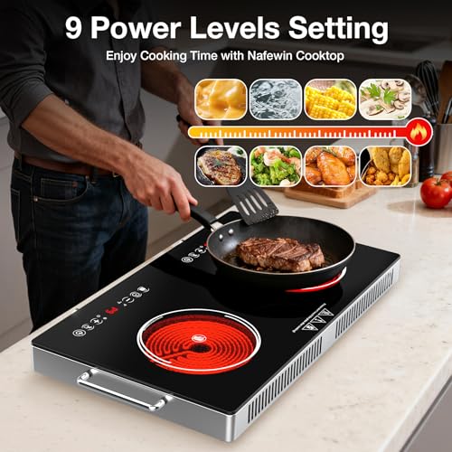 Image of 2 Burner Electric Cooktop 110V, 4000W Portable Electric Stove Infrared Hot Plate, 24 inch Countertop Burners with Handle, 3-Hours Timing Setting & Kid Safety Lock, Compatible for All Cookwares