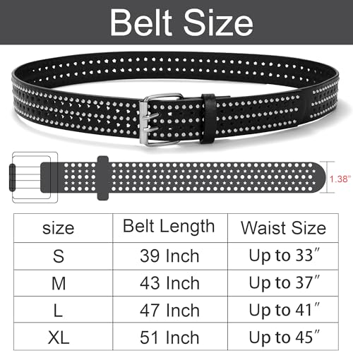 Image of Studded Belts for Women, Black Leather Belt for Jeans with Double Star Holes