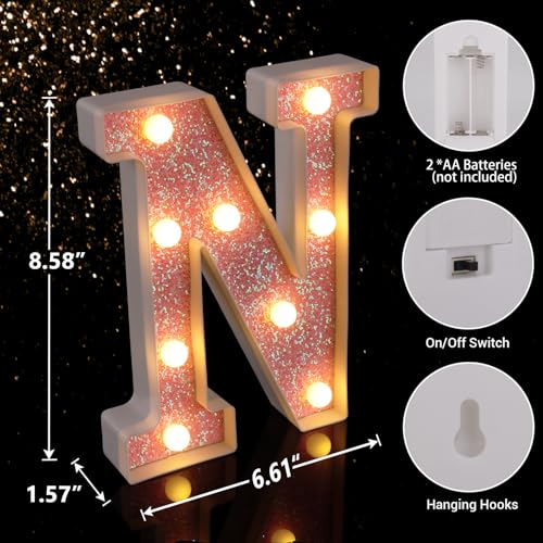 Image of LED Letter Lights Pink Glitter Marquee Letters Light Up Alphabet Letters Sign Battery Powered for Home Party Decoration Night Bar Wedding Birthday Christmas Lamp Girls Gift - Letter N
